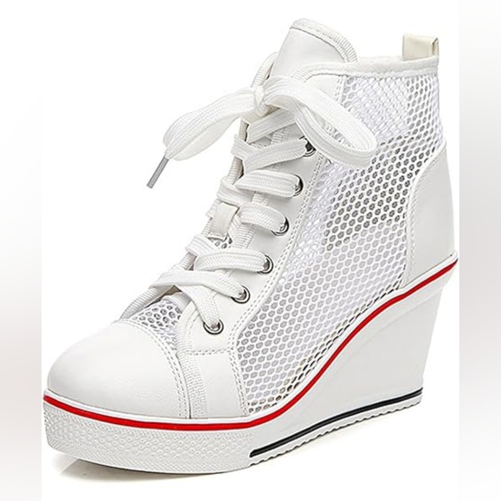 White Mesh Wedge Sneakers
